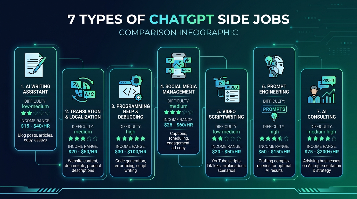ChatGPT副業の種類と難易度・月収の比較図