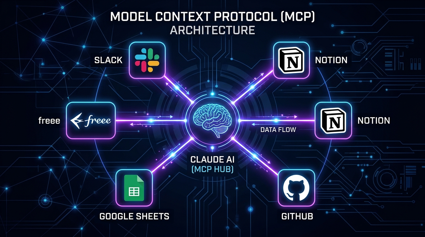 Claude API MCP連携アーキテクチャ：Slack、Notion、GitHub等を統合する図