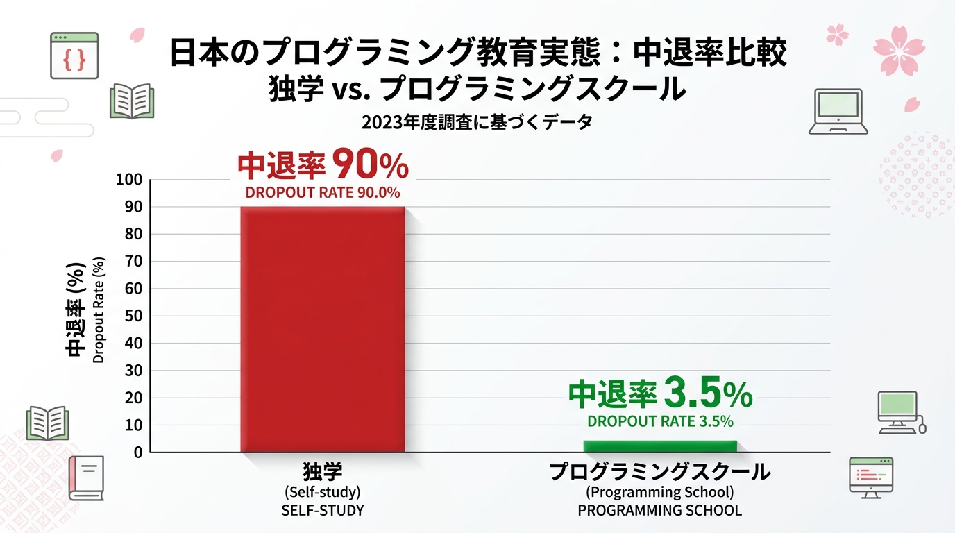 独学 vs スクール 挫折率・費用・学習期間の比較グラフ