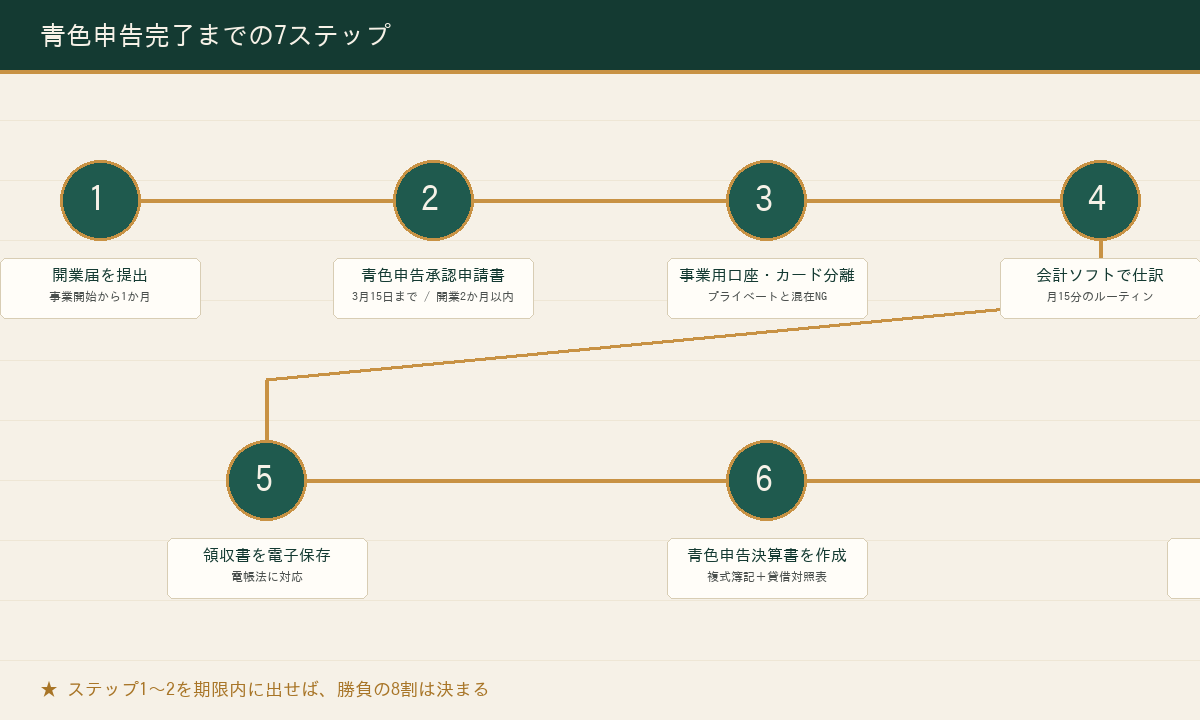 AI副業の青色申告7ステップフロー図