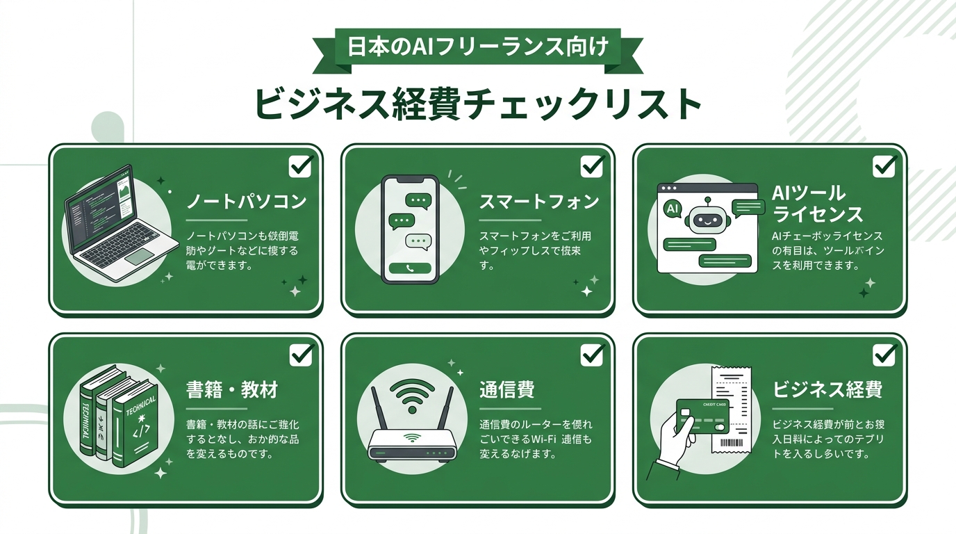 AI副業で経費計上できるアイテムの一覧インフォグラフィック