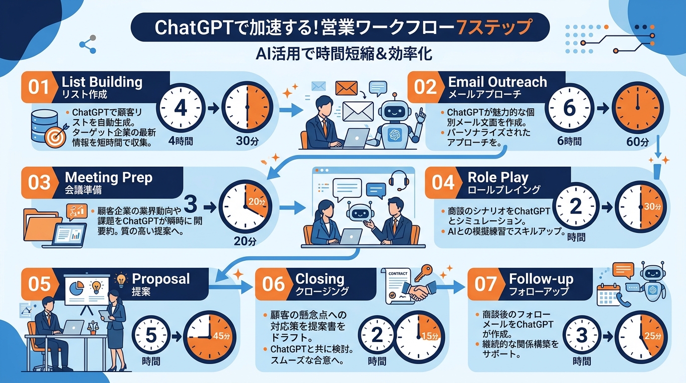 ChatGPT営業活用 7ステップワークフロー全体図