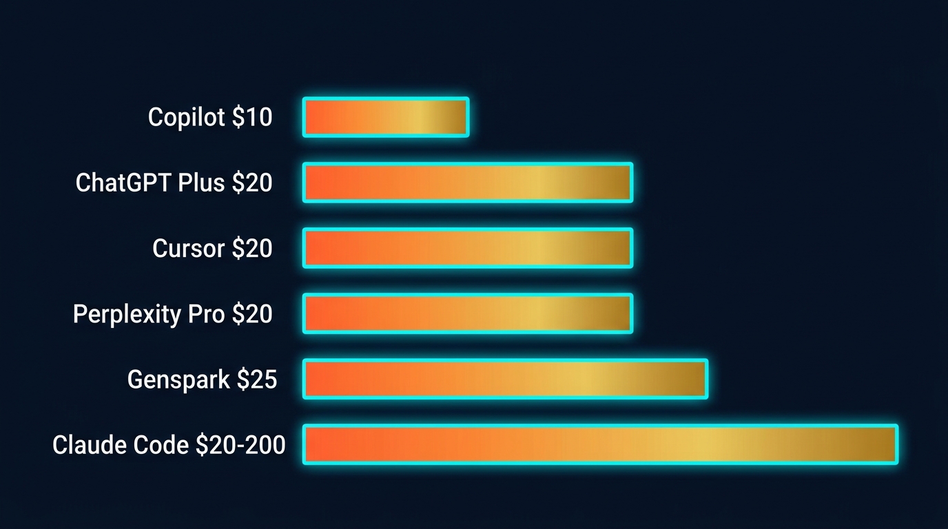 主要AIツールの月額コスト比較グラフ。Copilot $10、Cursor/Perplexity $20、Claude Code $20-200、Genspark $24.99 など