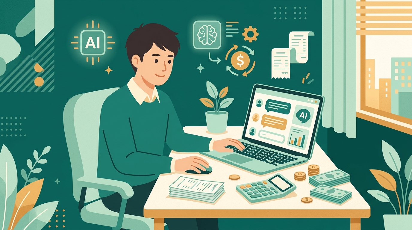 AI副業のChatGPT課金を経費として整理する会社員のイメージイラスト。ノートPCのAIチャット画面と領収書、電卓が描かれている