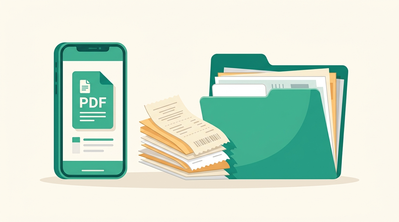 スマートフォンに表示されたPDF領収書と、整理された紙の領収書・フォルダのイラスト