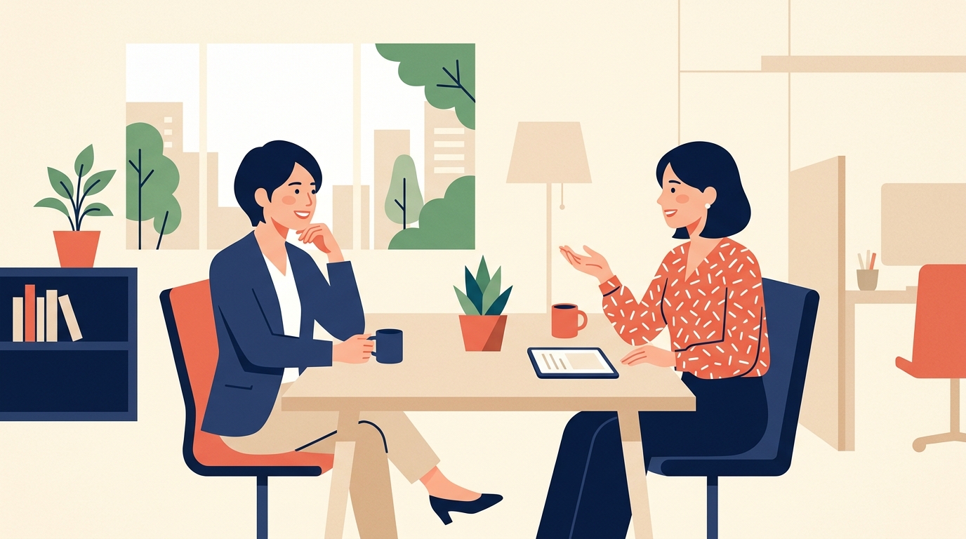 上司やチームと落ち着いて会話する会社員のイメージイラスト