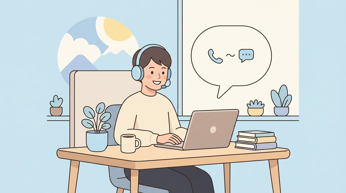 ヘッドセットを着けてノートパソコンに向かい、電話とチャットで顧客対応をするオペレーターのイラスト