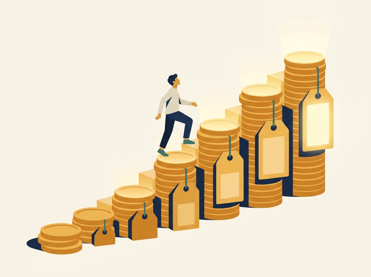 コインと価格タグでできた階段を人が一段ずつ登っていく、単価アップのステップを表すイラスト