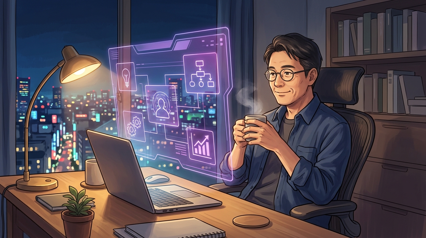 夜の自宅デスクでノートパソコンに向かう会社員。画面上には紫色のホログラム風UIでタスク管理・データ分析・自動化などの要素が浮かび、副業でのマルチタスクを表現している
