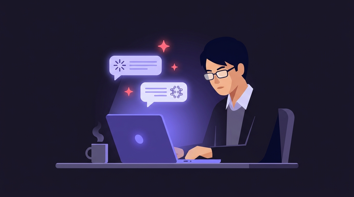 ノートパソコンでオンライン講座を受講しながら生成AIツールを操作する社会人のイラスト