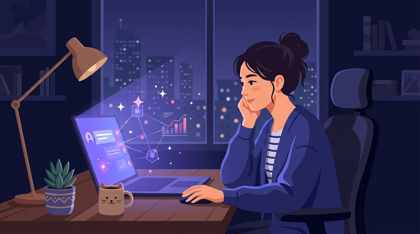 夜の自宅デスクでAIツールを使って副業に取り組む会社員のイメージ