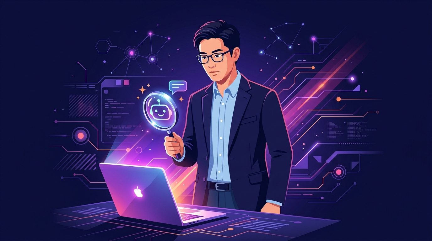 AI Agent Campの評判を虫眼鏡で検証するビジネスパーソンのイメージ