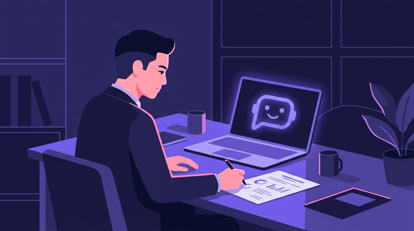 面接評価シートとノートパソコンのChatGPT画面を並べて、客観的な事実をもとに評価コメントの下書きを整える人事担当者のイメージ