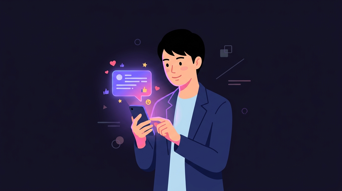 内定者がスマートフォンで温かみのあるフォローメッセージを受け取っているイメージ