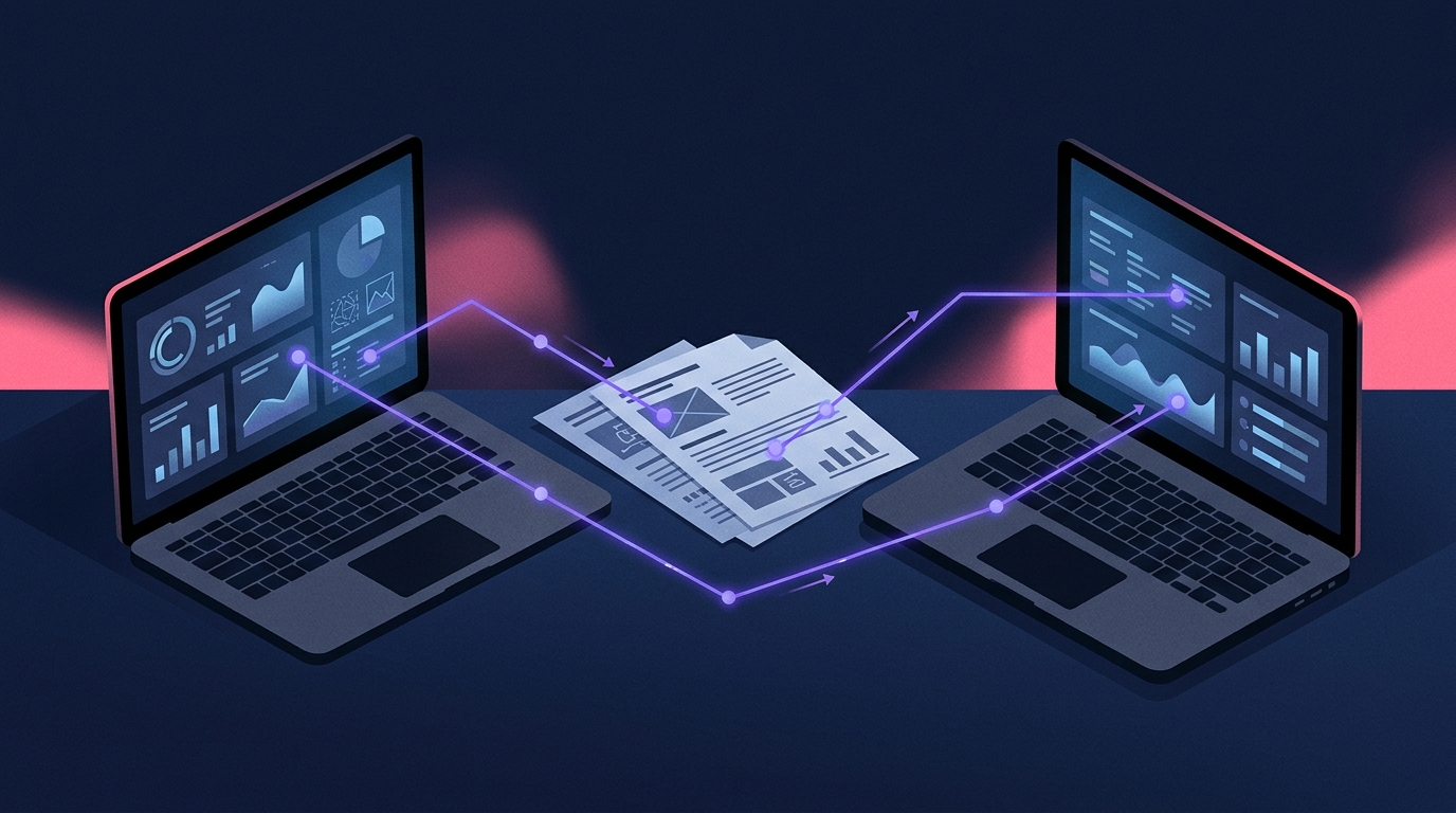 複数のノートPCとドキュメントを照合しながら検証する様子を描いたコンセプトイラスト