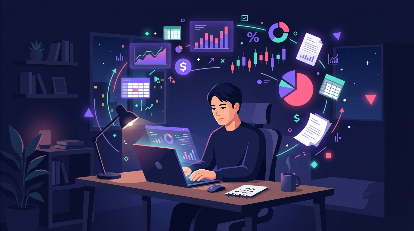 夜にノートパソコンで会計データの移行作業を行う人のイメージイラスト