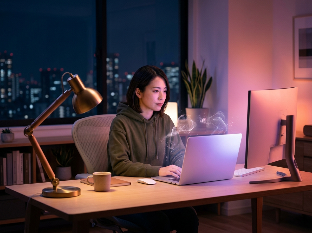 夜のオフィスで複数のモニターに向かいAIツールを使いながら独立の準備を進める会社員のイメージ