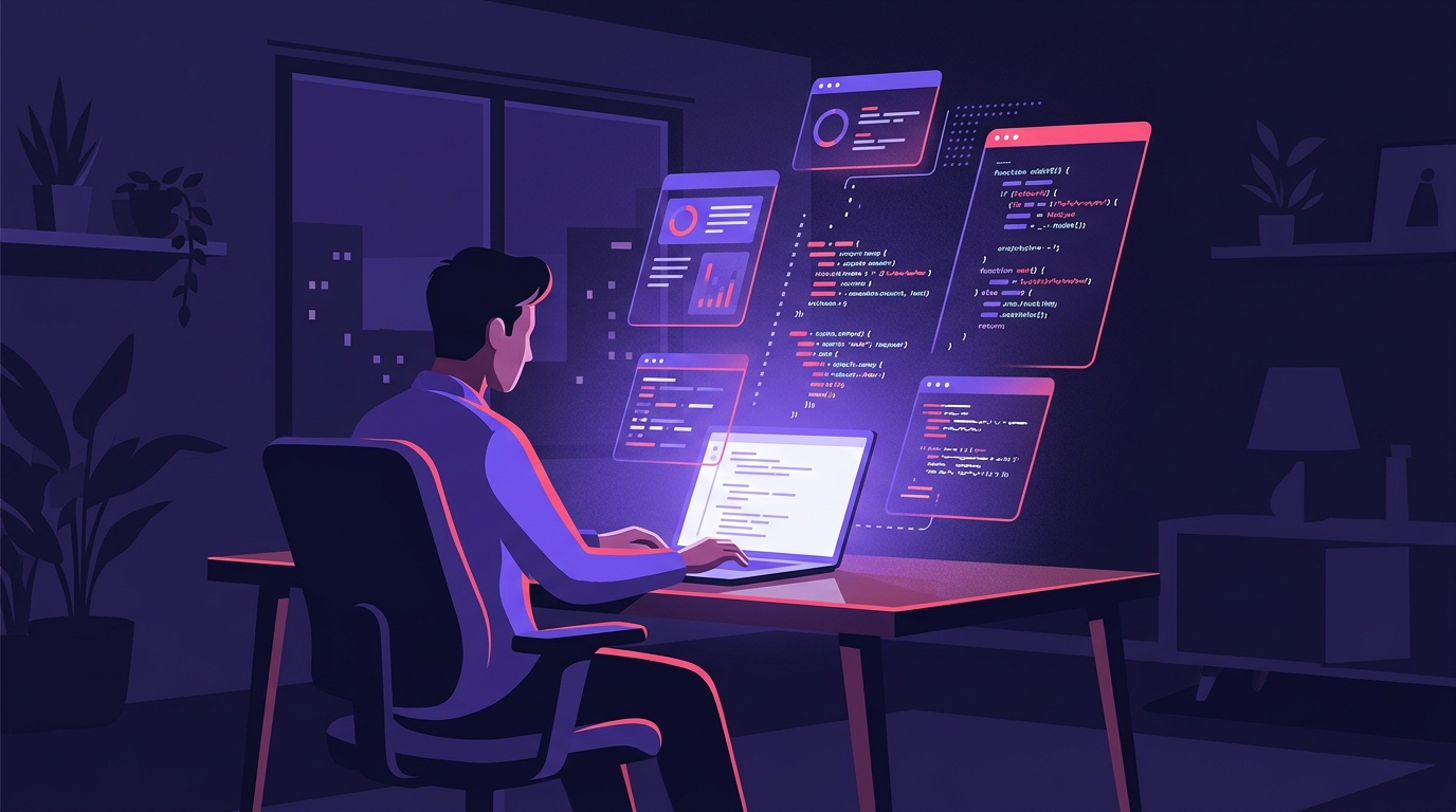 夜のデスクでノートPCとAIエージェントの画面を前に作業する人物のイラスト。Claude CodeやCursorなど最新AIツールを実務で使いこなすイメージ