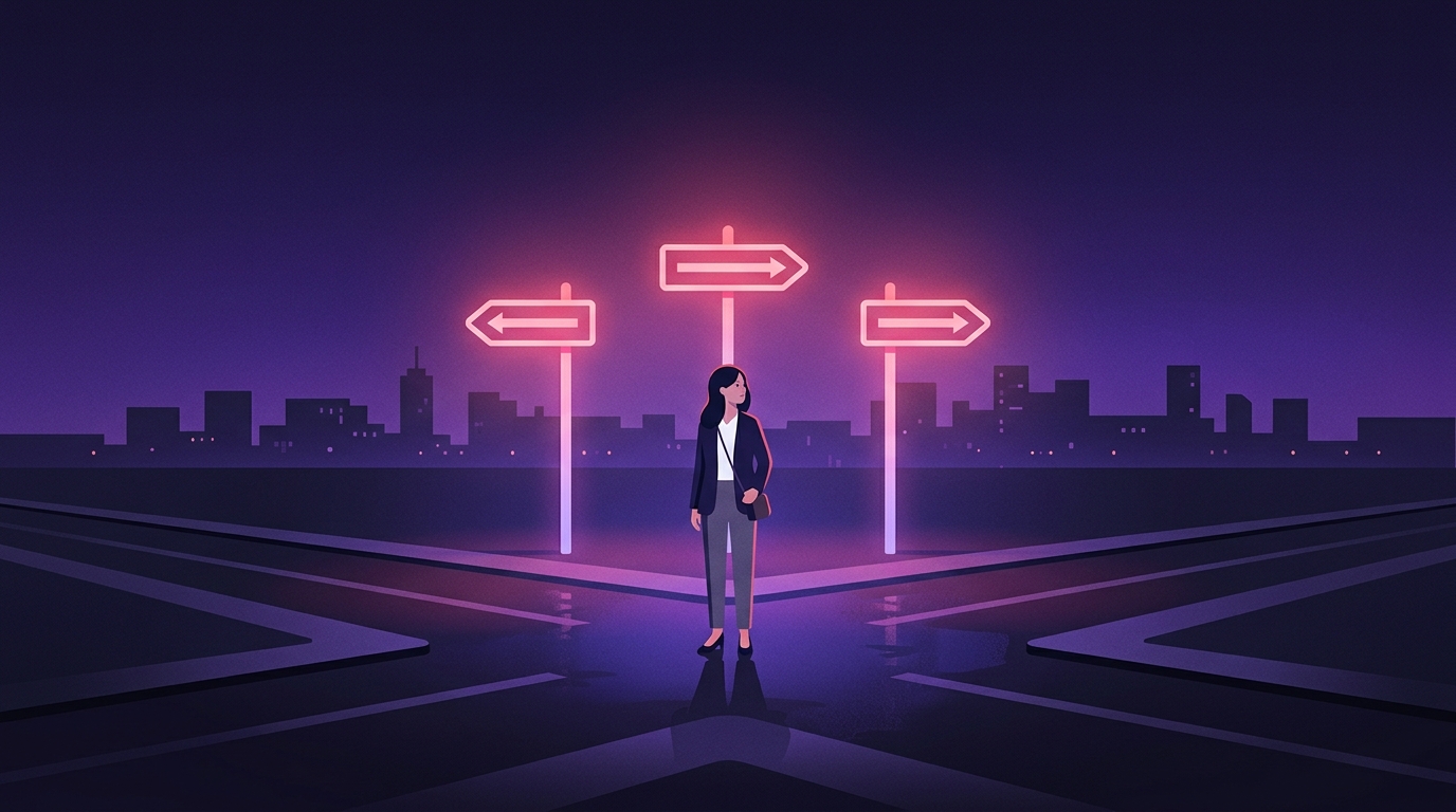 夜の交差点で3つの光る道しるべを前に立ち止まる会社員のイラスト。AIスクール選びで迷う様子を象徴している