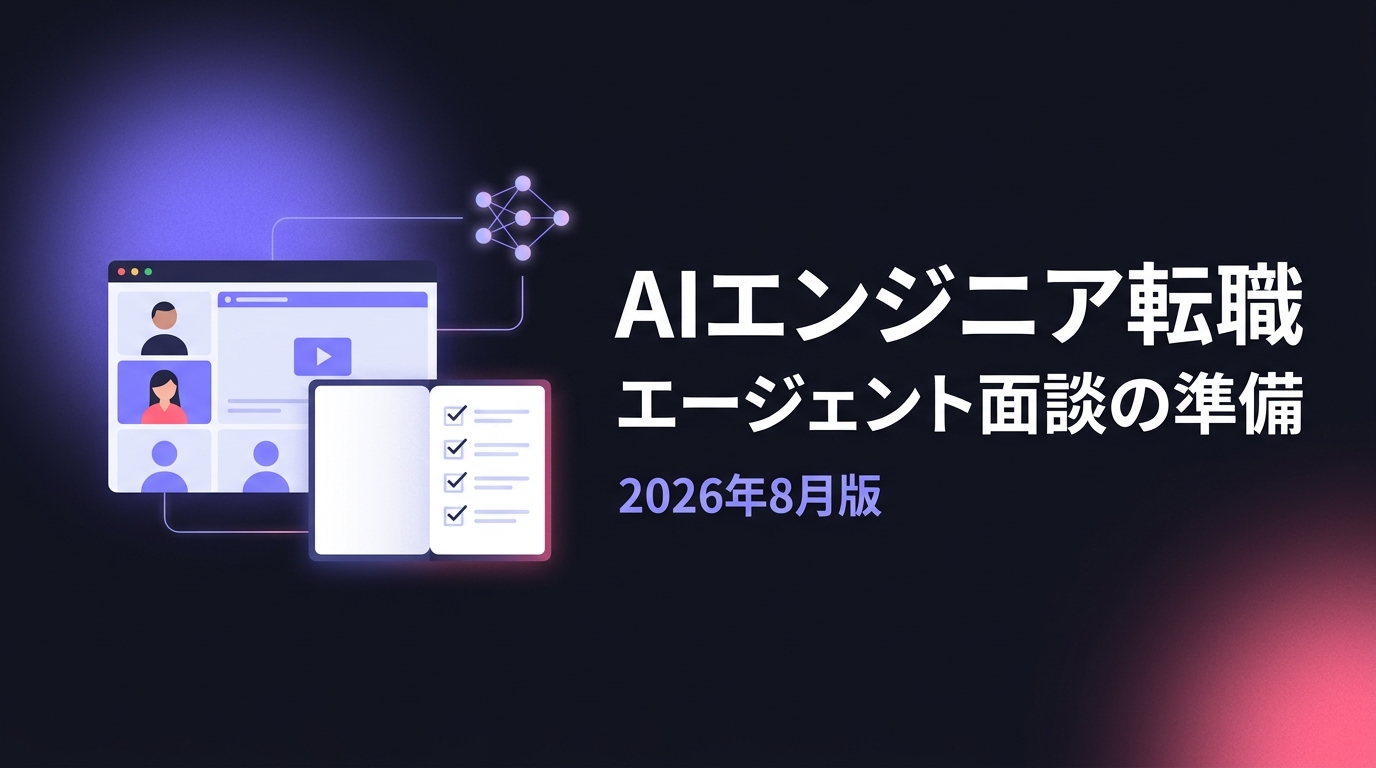 AIエンジニア転職のエージェント面談の準備をテーマにしたイラスト。オンライン面談の画面とチェックリスト付きのノートが並んでいる