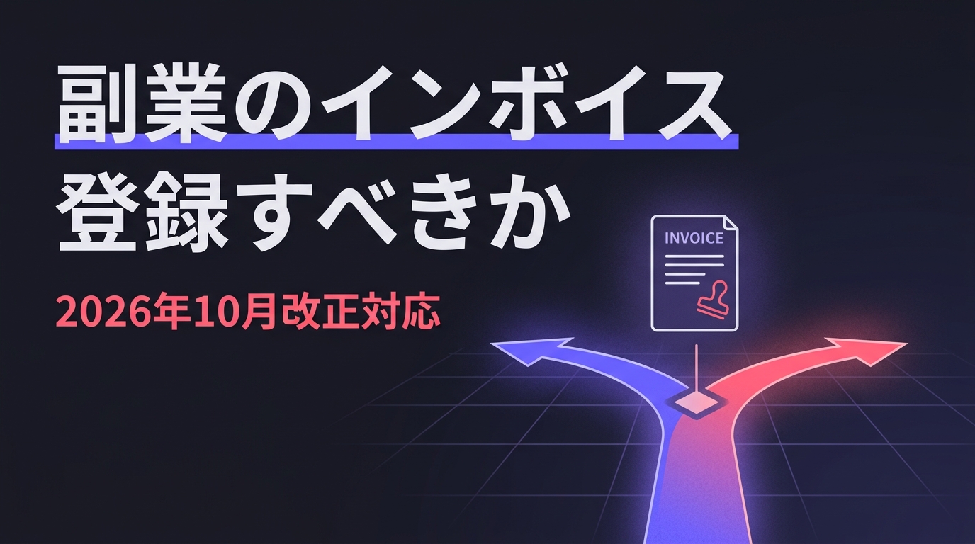 副業のインボイス登録すべきか 2026年10月改正対応。分岐する2本の道とインボイス書類を表したイメージ