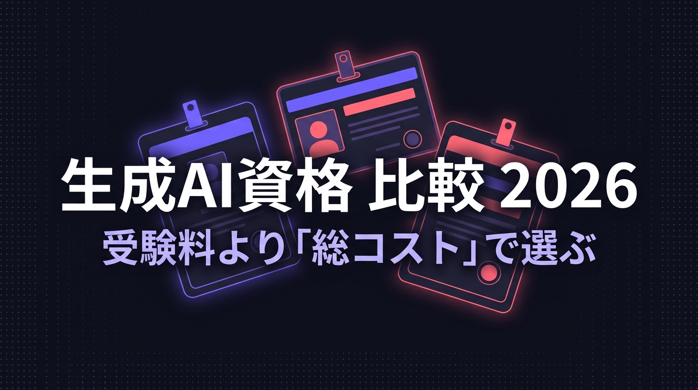 生成AI資格 比較2026 受験料より「総コスト」で選ぶ と書かれた記事のアイキャッチ画像。3枚の認定証カードが並んでいる