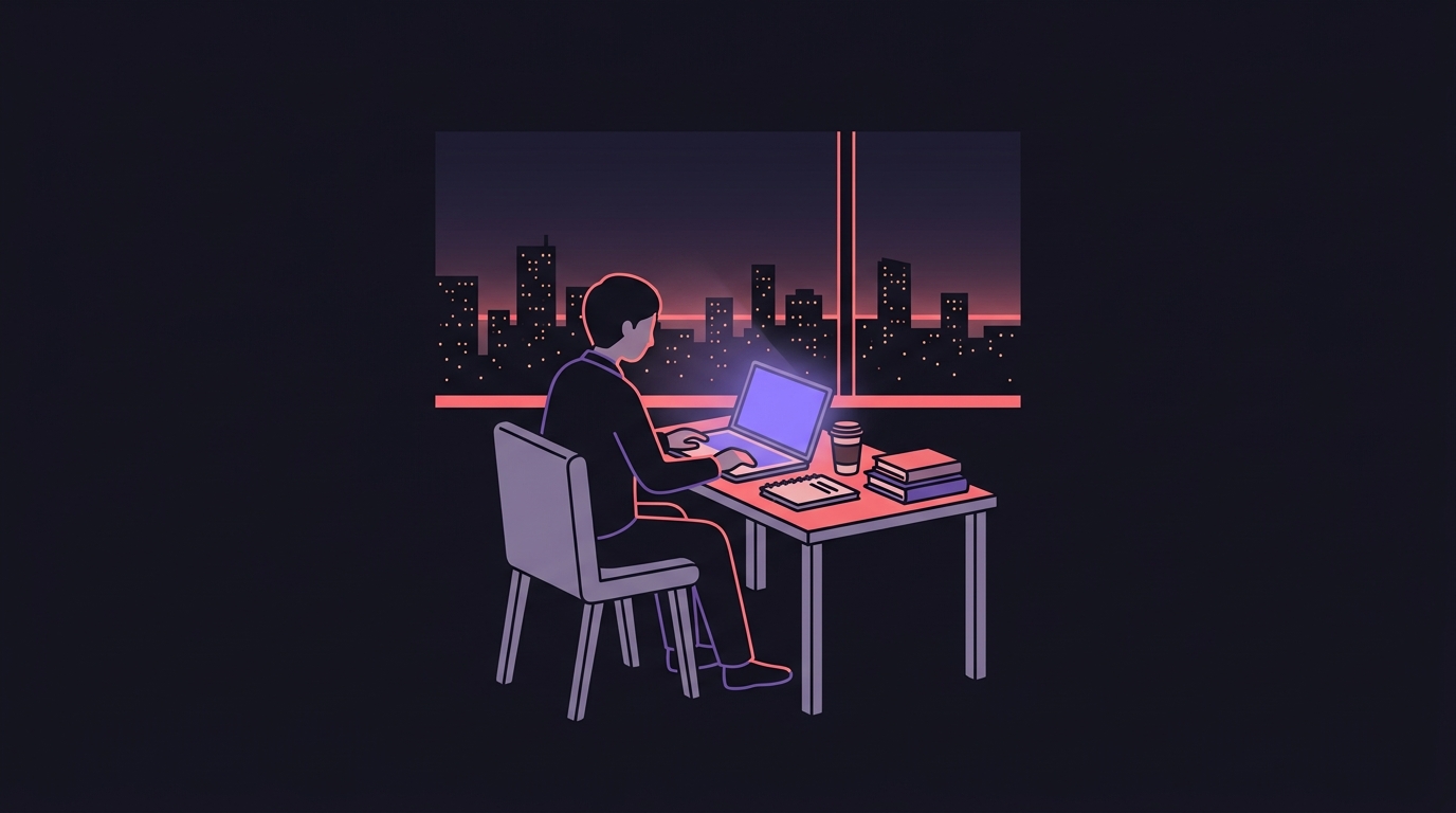 夜のオフィスでノートパソコンに向かい資格の勉強をする会社員のイラスト。机にはコーヒーとノート、参考書が置かれ、窓の外には夜景が広がっている