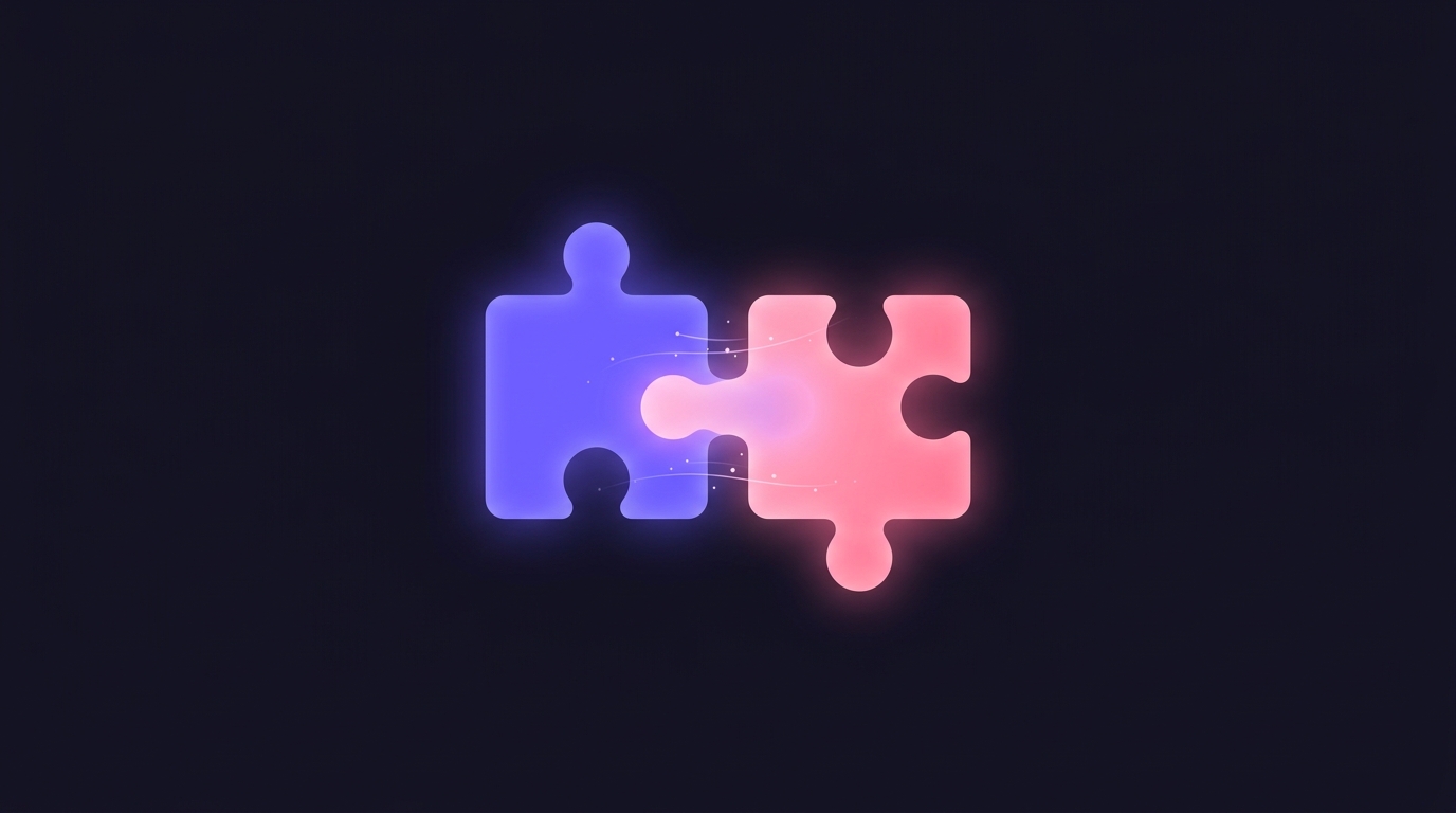 紫色とピンク色の2つの光るパズルピースが中央で1つに結合していく概念図。背景と要求を組み合わせて1つの指示文にすることを表している