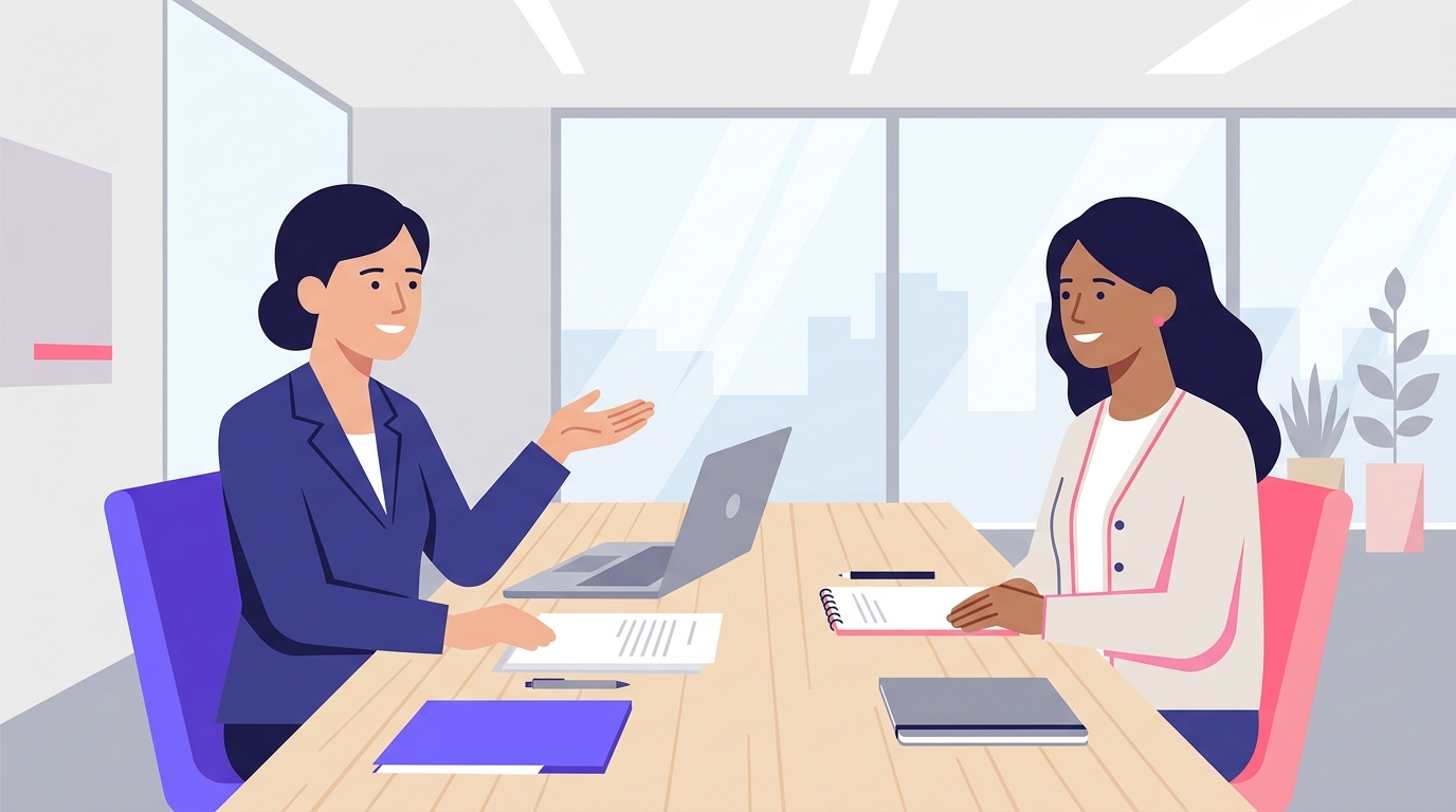 AIエンジニア転職の面接で、担当者と向き合って会話をする様子を描いたイメージイラスト