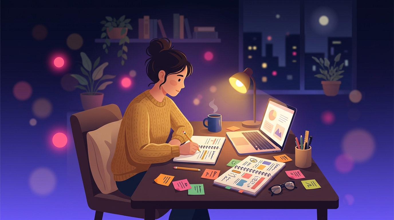 夜、デスクでノートとノートパソコンを使いながら面接の想定質問を復習する人のイメージイラスト