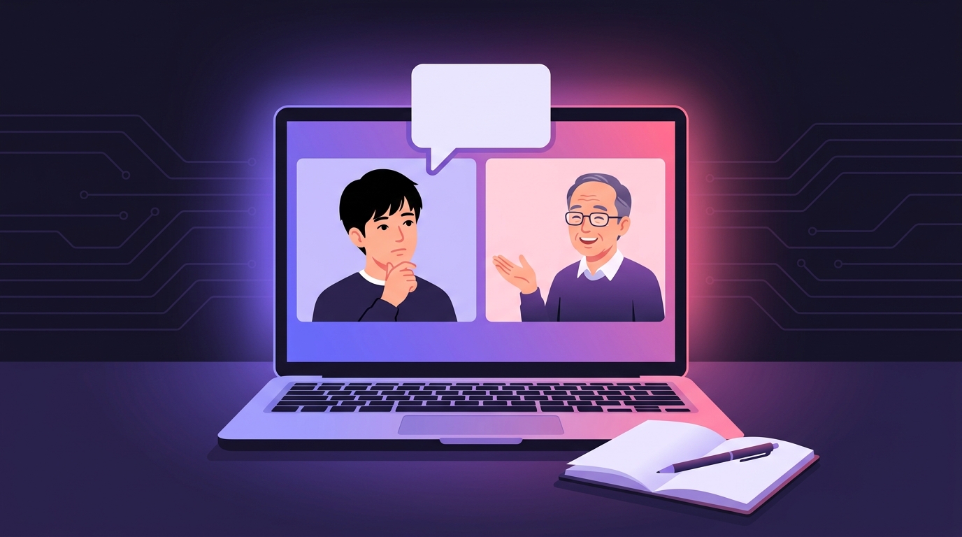 オンラインの無料カウンセリングでスクールの担当者に解約条件を質問する会社員のイラスト