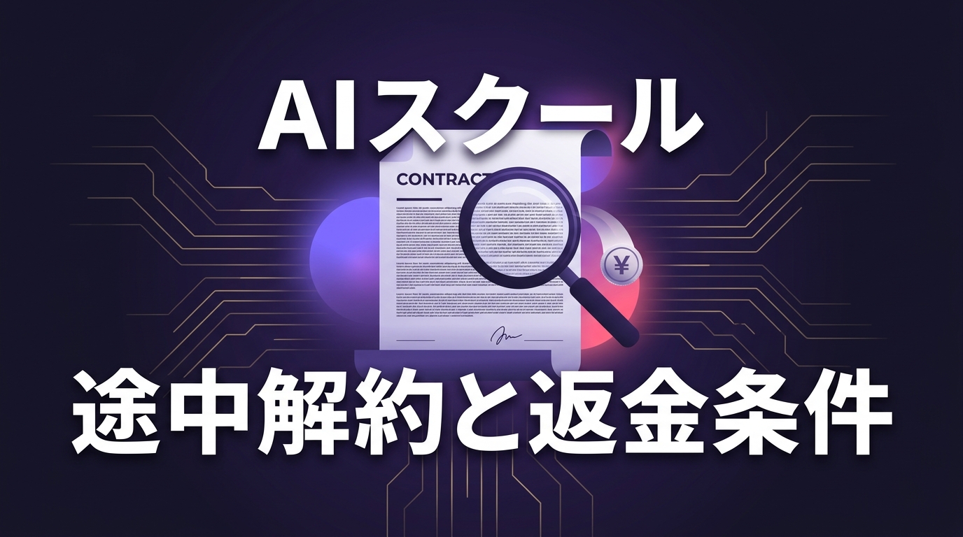 AIスクールの契約書を虫眼鏡で確認する様子と『AIスクール 途中解約と返金条件』の文字を配したイメージ画像