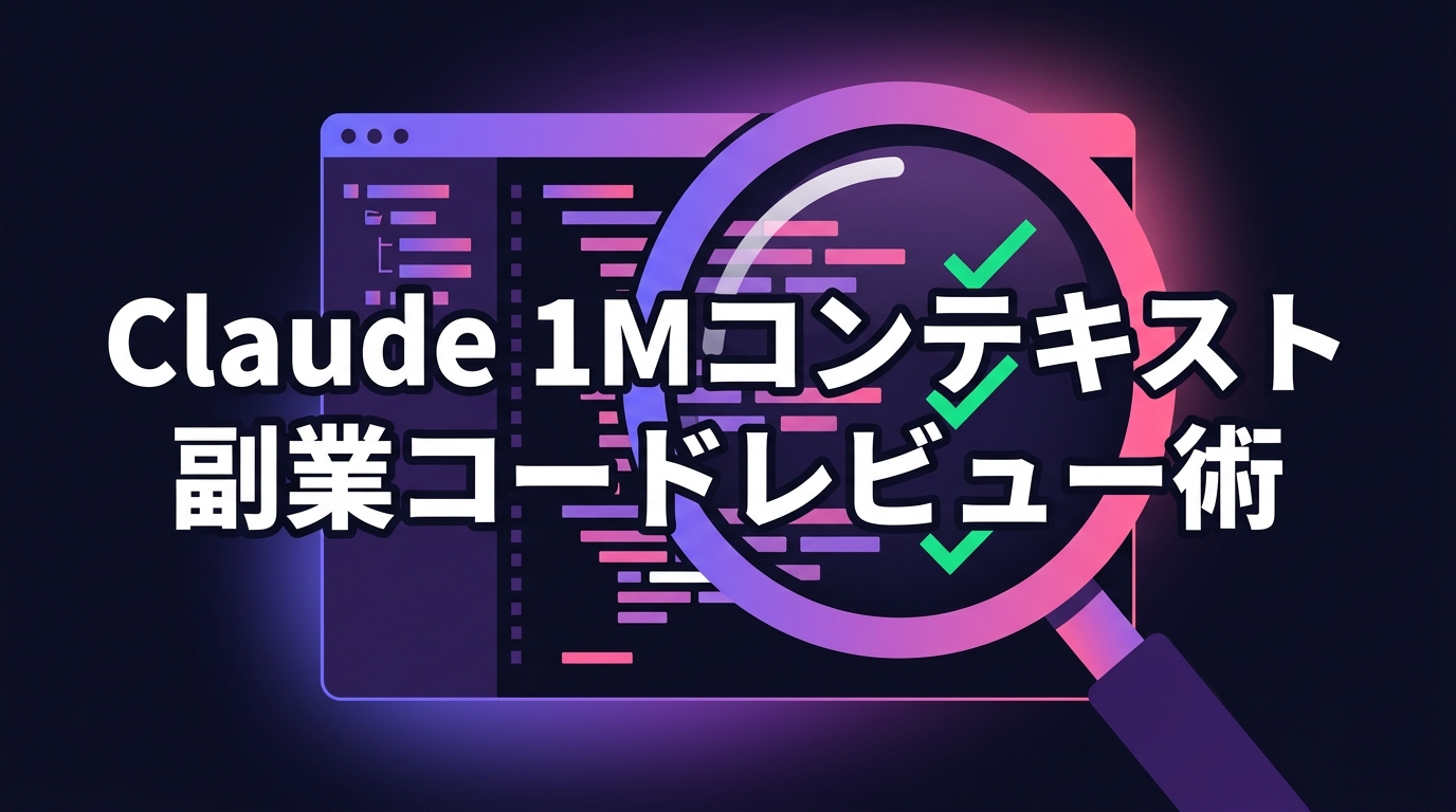 Claude 1Mコンテキストで副業コードレビューを行うイメージ。コードエディタと虫眼鏡でチェックマークを確認するイラスト