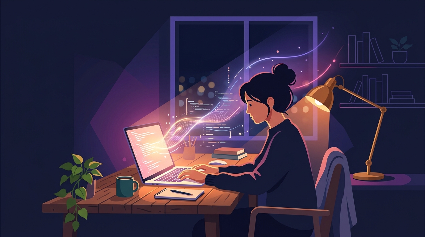夜、自宅のデスクでノートPCに向かいながらAIにコードを読み込ませて副業のコードレビューをしている人のイラスト