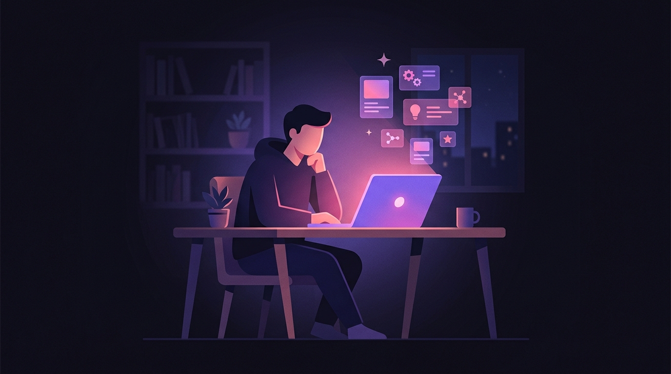 ノートPCの前でポートフォリオサイトを構築している人物のイメージイラスト。ダーク背景に紫とピンクのグラデーションが差し込む雰囲気カット