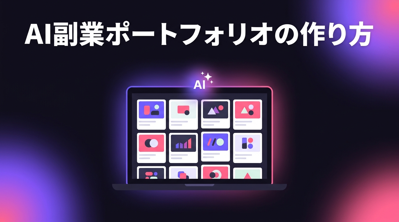 AI副業のポートフォリオ作り方を表すダーク紫のアイキャッチ画像。ノートPCとAIが生成した作品サムネイルが並ぶイメージイラスト