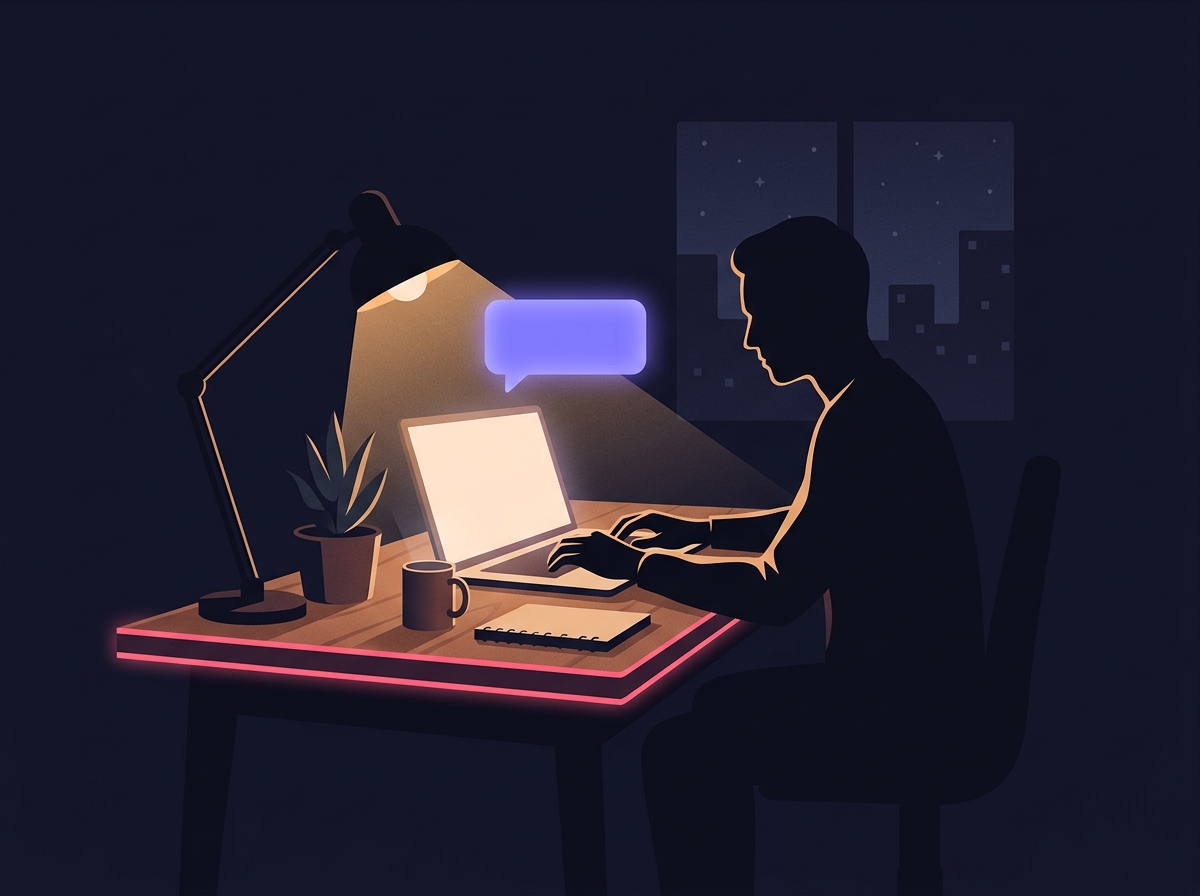 夜、デスクランプの明かりの下でノートパソコンに向かい、AIチャットの吹き出しを見ながら副業作業をする人のイラスト