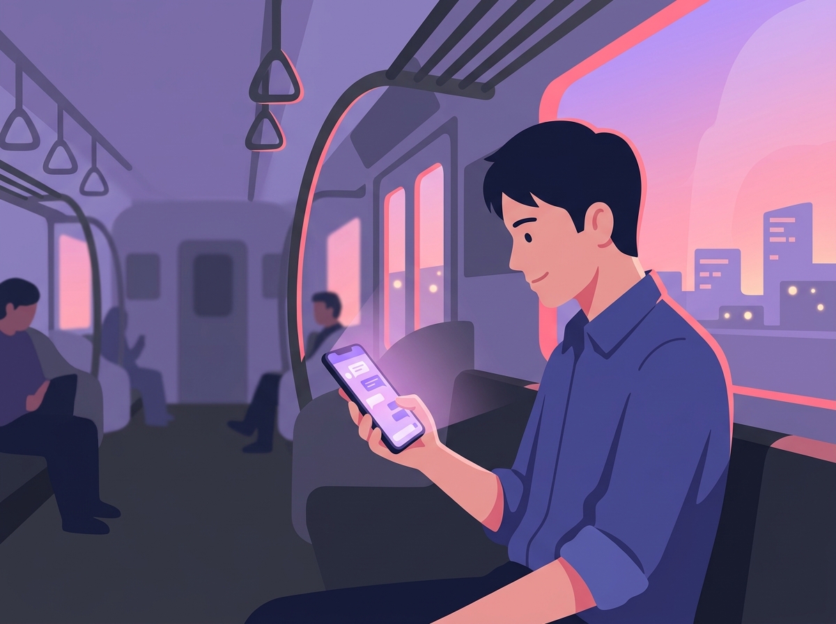 通勤電車の中でスマートフォンのAIチャットアプリを操作しながらスキマ時間にAI副業の作業をする会社員のイメージイラスト