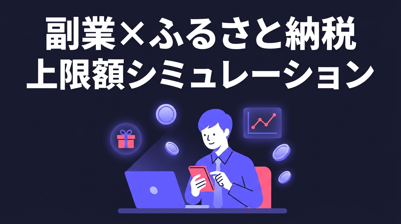 副業とふるさと納税の上限額シミュレーションをイメージした、ノートPCとスマホで税金を計算する会社員のイラスト