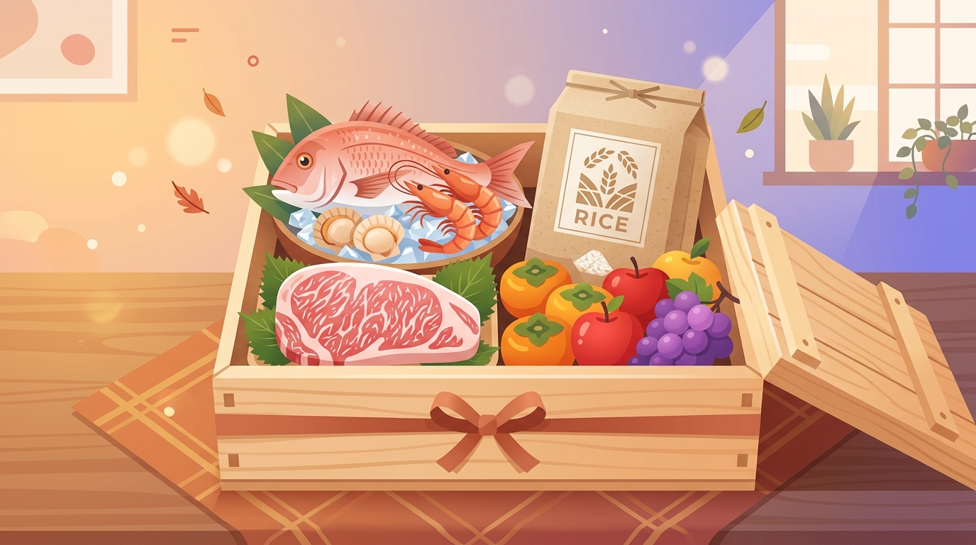 ふるさと納税の返礼品として届く海鮮・牛肉・米・果物が木箱に詰められているイメージイラスト