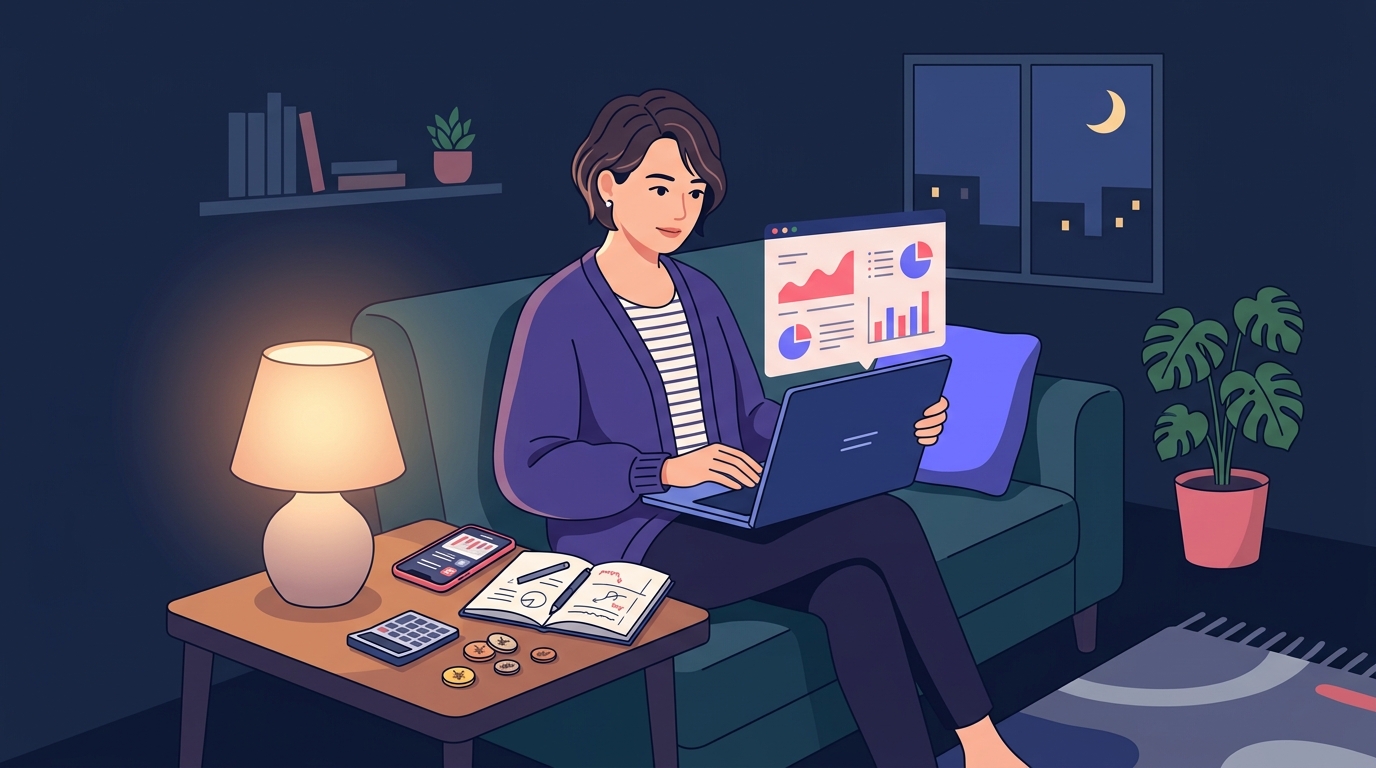 夜、リビングでノートPCと家計簿を使いながら副業の収入と税金を計算している人のイラスト