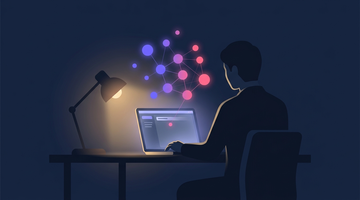 ノートPCの画面上に紫とピンクの光の粒子でできたメモリの結びつきが浮かび上がる、業務中の会社員のイメージイラスト