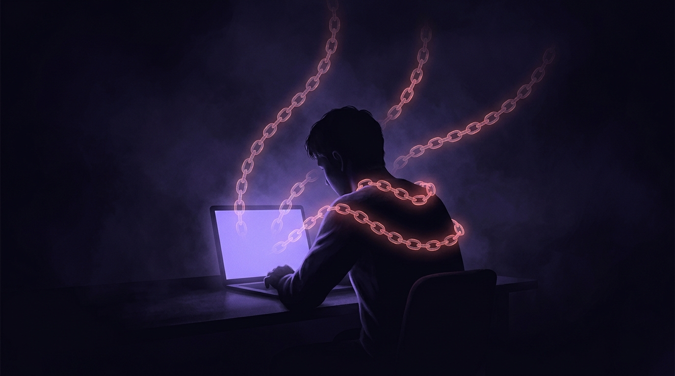 夜、ノートパソコンの前に一人で座る人物の背中。画面から立ち上がった半透明の鎖が肩に巻きつき、積み上がる借入を表現している