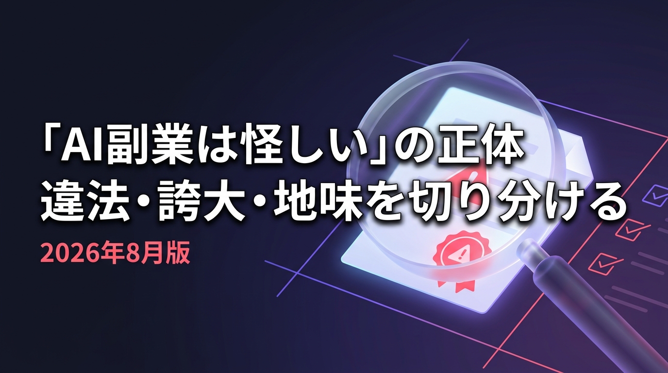 「AI副業は怪しい」の正体を虫めがねで見分けるイメージ。レンズの内側だけに警告の印が浮かび上がっている