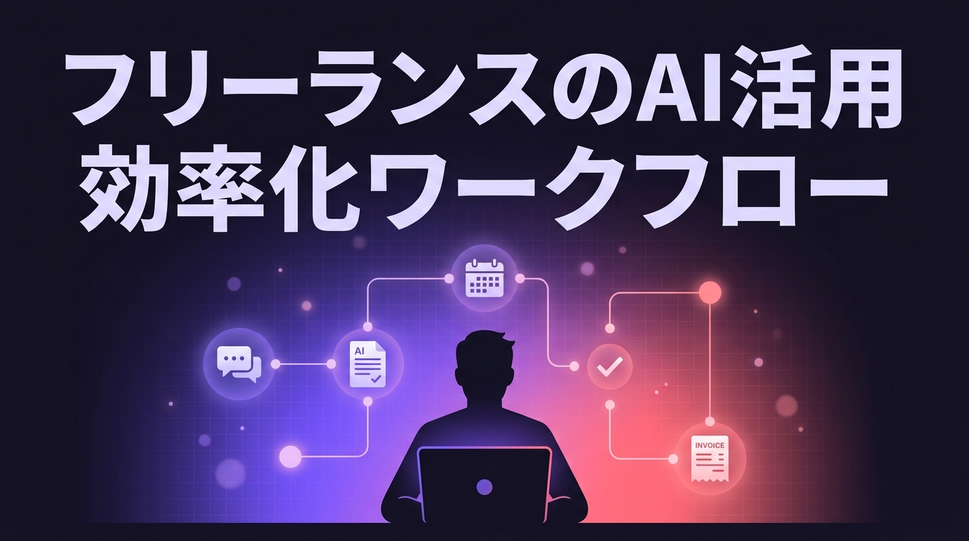 フリーランスのAI活用 効率化ワークフローと書かれたアイキャッチ。パソコンに向かう人物と、提案・見積・タスク管理・チャット・請求を表すアイコンが線でつながっている