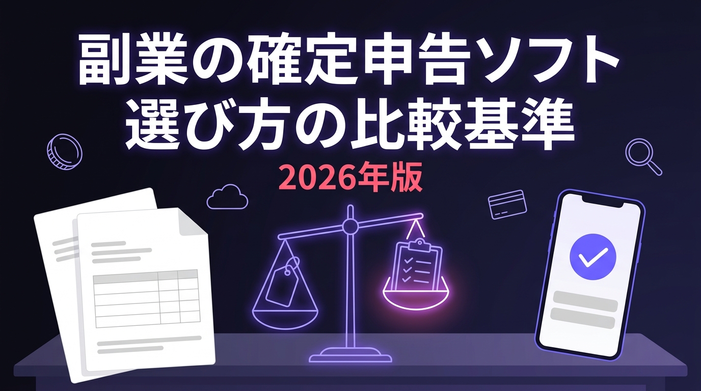 副業の確定申告ソフトの選び方と比較基準を表したイメージ図。天秤が価格タグよりもチェックリスト側に傾いている
