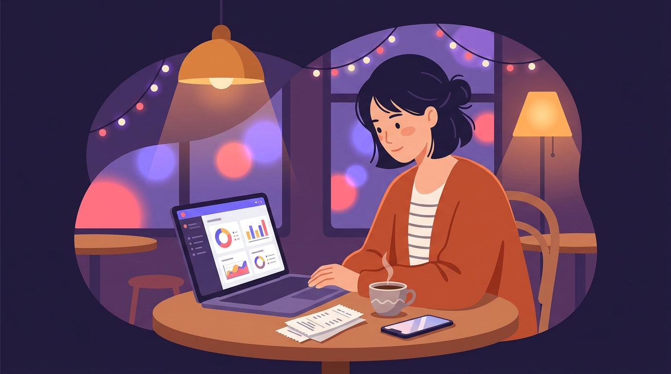副業ワーカーがカフェでノートPCと領収書を使い、夜の時間に会計ソフトで記帳作業をしている雰囲気のイラスト