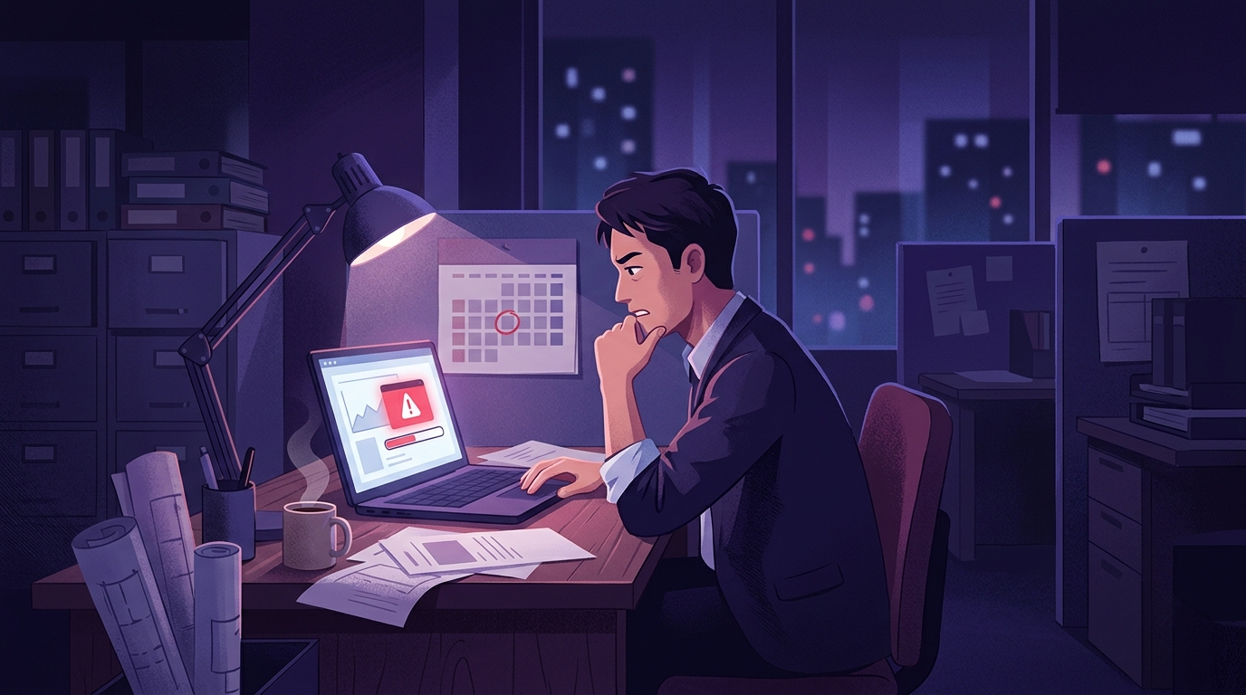 夜遅くにノートパソコンの警告アイコンを前に困っている会社員の様子。壁のカレンダーには申告期限らしき日付に丸印がついている