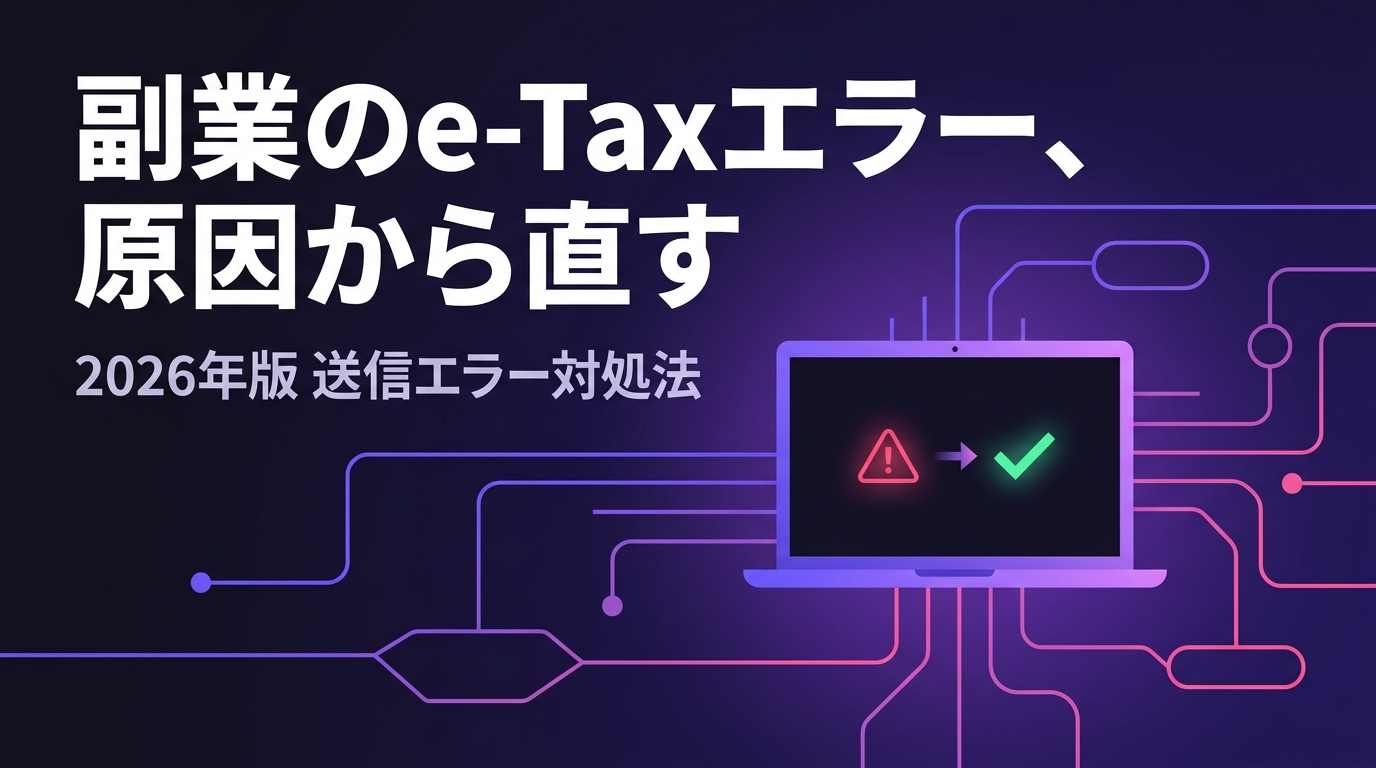 副業のe-Taxエラー、原因から直すと書かれたアイキャッチ画像。警告アイコンがチェックマークに変わる診断イメージ