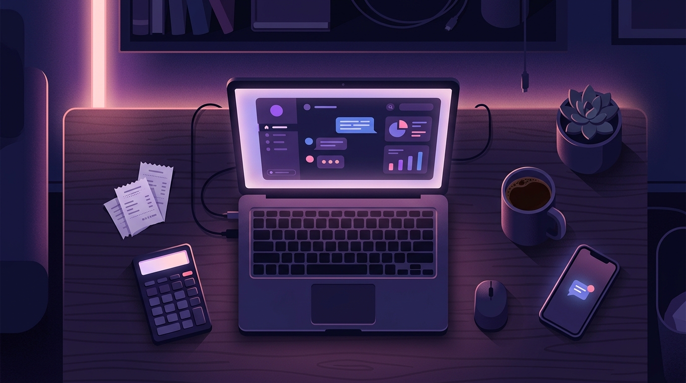ノートPCの画面にAIチャット画面とグラフが表示された夜の在宅ワークデスク。領収書、電卓、スマートフォン、コーヒーが並ぶ俯瞰イラスト